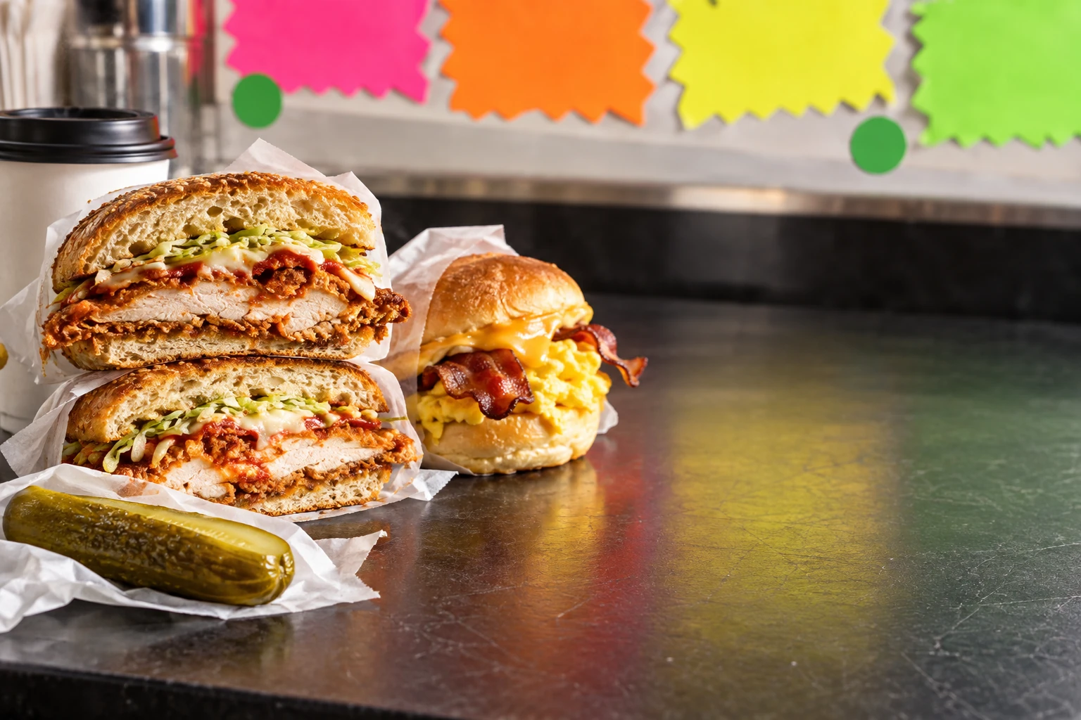 Illustrative hot chicken cutlet and egg-and-bacon sandwiches on a black deli counter; not a photograph of Joe’s Deli.